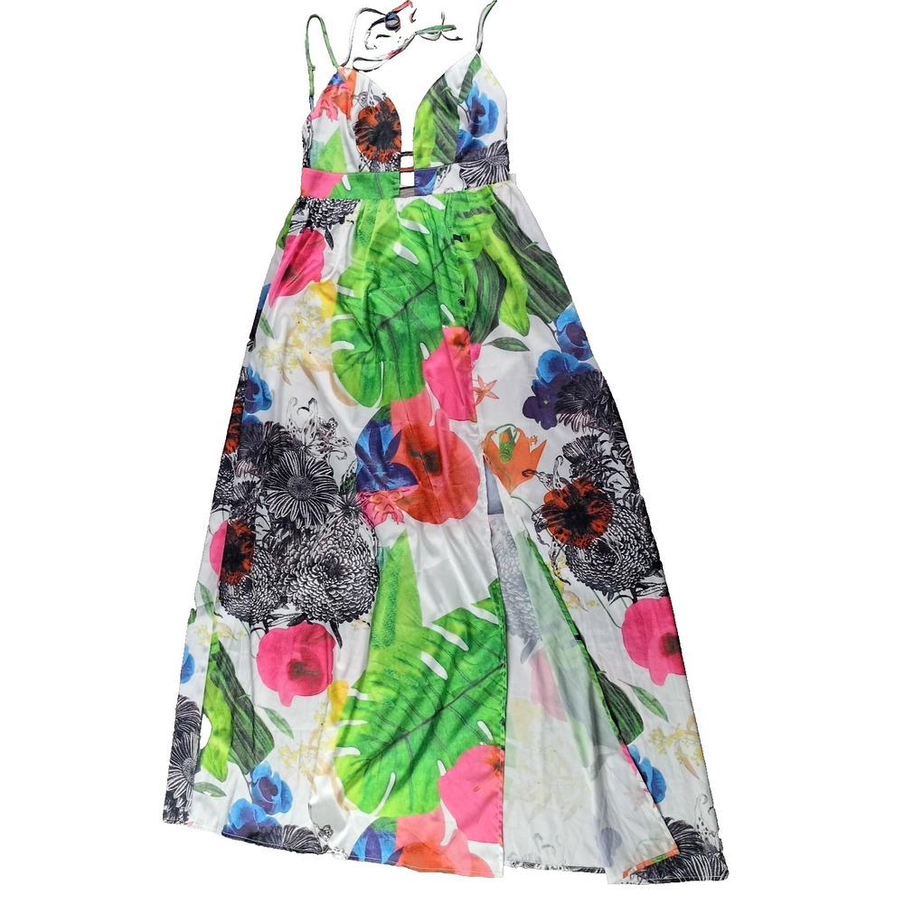 Aura Women's Large Sleeveless Tropical Boho Maxi Dress Floral Slit Open Back Zip